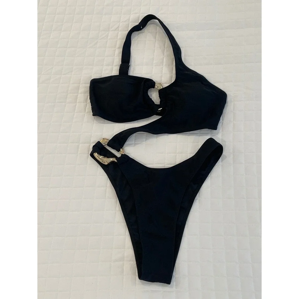 Monokini Black Asymmetric Cut Out Swimsuit with‎ Gold Hardware Small